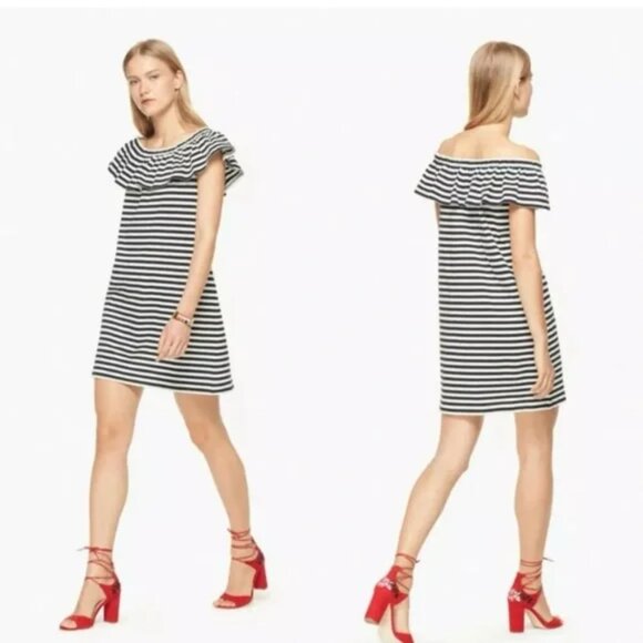 Kate Spade NWT Mini Dress Off Shoulder Black Stripe Shift Cotton A-Line Dress - Picture 1 of 10